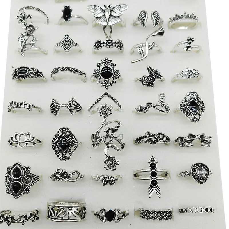 50pcslot Bulk New Mix Design Bohemia Vintage Rings For Women Black Enamel Metal Fashion Charms Party Gift Flower Finger Jewelry W250911