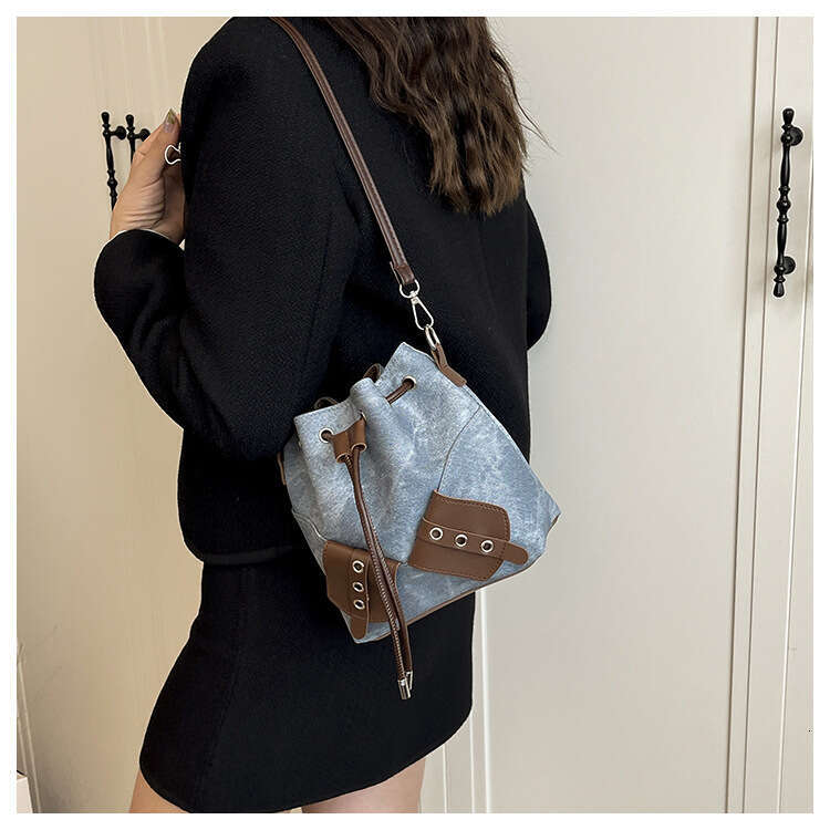 Personalized Simple Crossbody Bucket for Women 2025 Autumn New Korean Style Bowknot Fashion Designer Bags Drawstring Patchwork Shoulder Bag