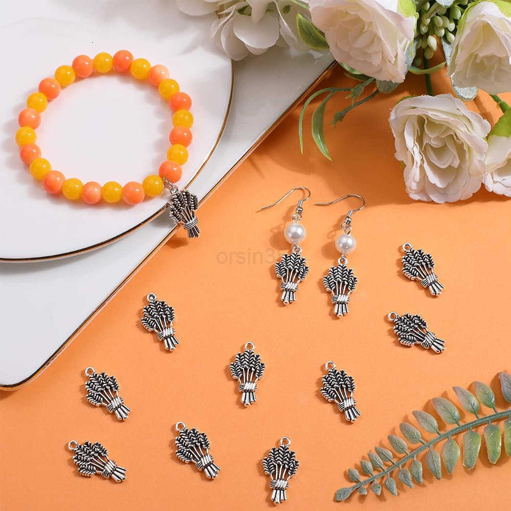 1 Box 50Pcs Thanksgiving Wheat Charm Fall Harvest Autumn Charms Bulk Tibetan Style Antique Silver Spike Flower Wheat Ears Pendants for Jewelry Making 