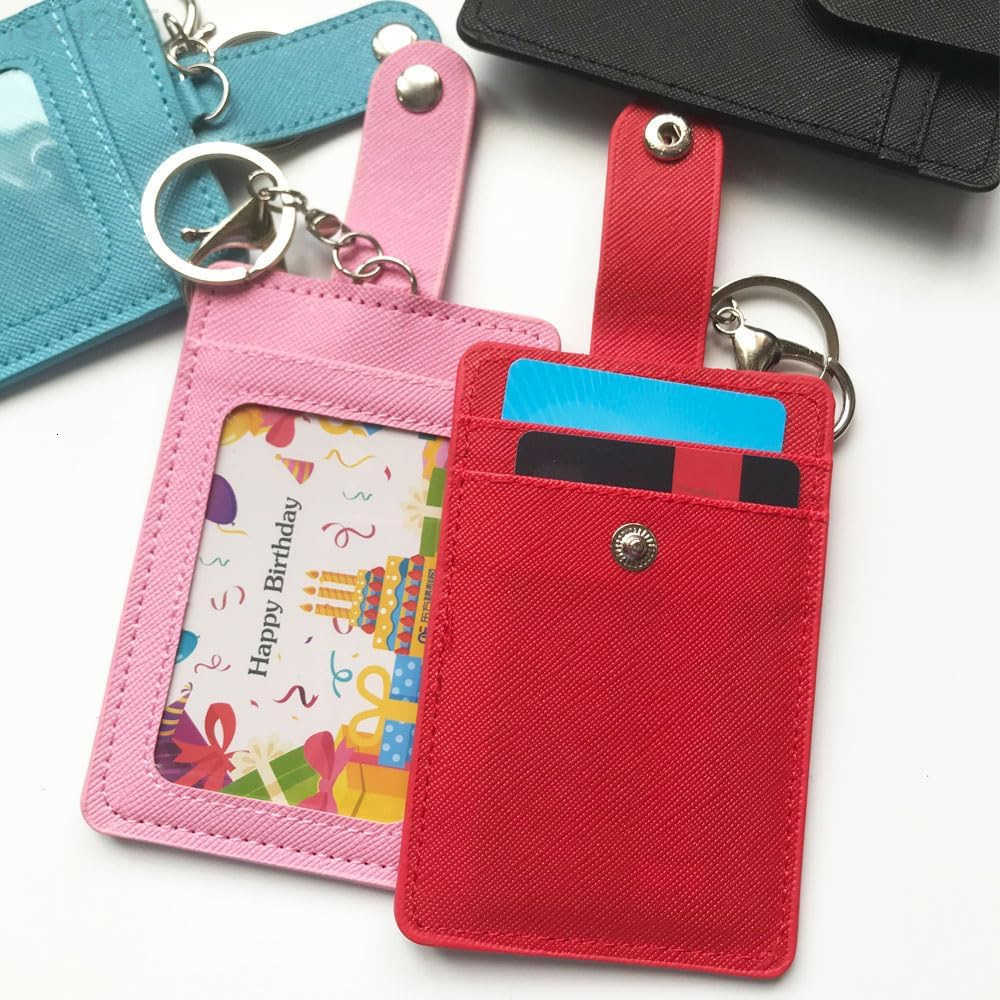 2 Pack Slim Credit Card Holder BackFront Pocket Purse Wallets Faux Leather ID Badge Holders for Carrying Keys Metro Cards with Metal ClaspsKey RingsW2