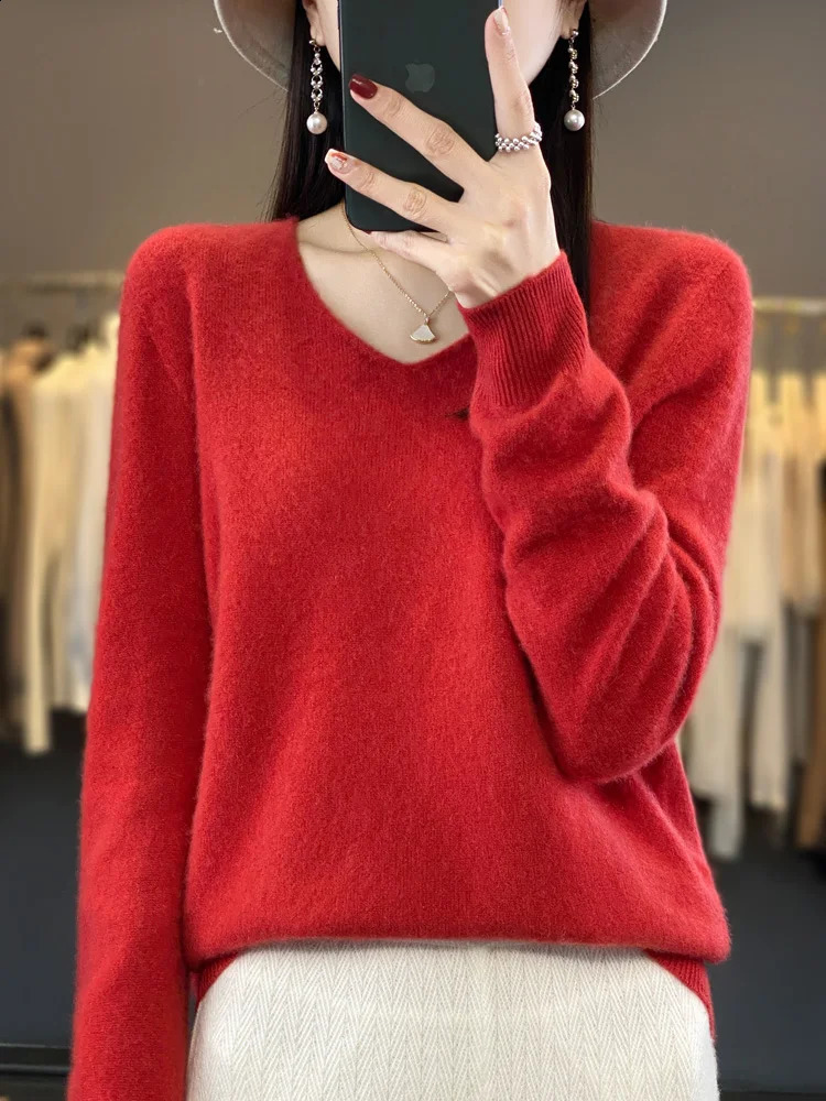 Womens Basic Vneck Pullover Sweater 100 Merino Wool Long Sleeve Cashmere Knitwear Autumn Winter Female Clothing Tops 250911