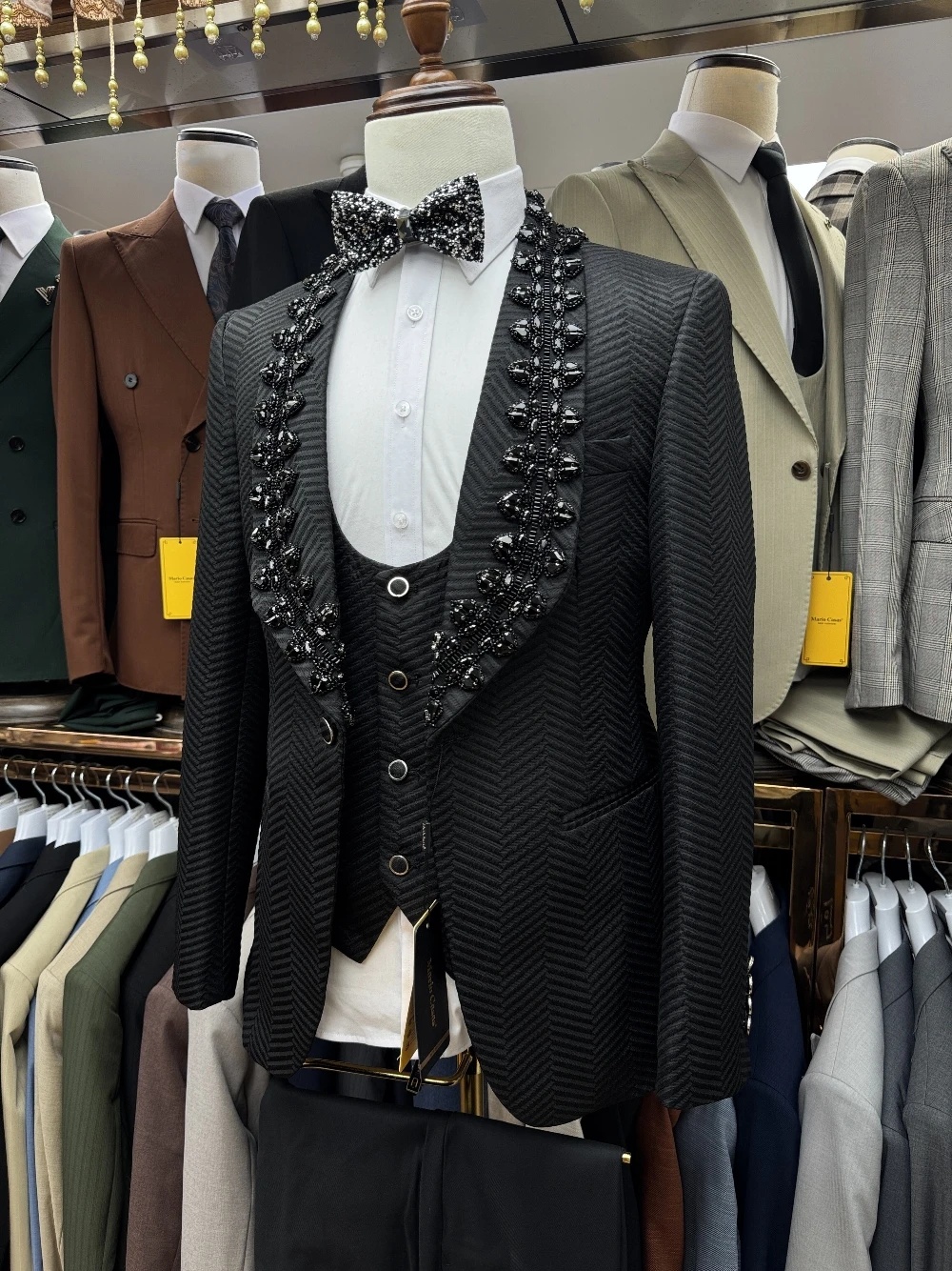 Luxury Men's Suit Shawl Lapel Beads 2 Pieces Set Tailor-Made Jacket Herringbone One Button Crystal Beading Blazer Customized Coat Pants Plus Size