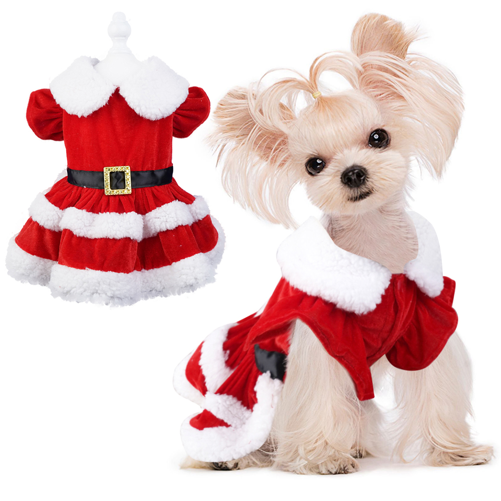 Christmas Dog Dress with Ruffled Sleeves, Lamb Wool Collar, Cotton Material, Warm & Comfortable, 4 Sizes (S-XL) for Dogs 1.5-8kg, Perfect for Christma