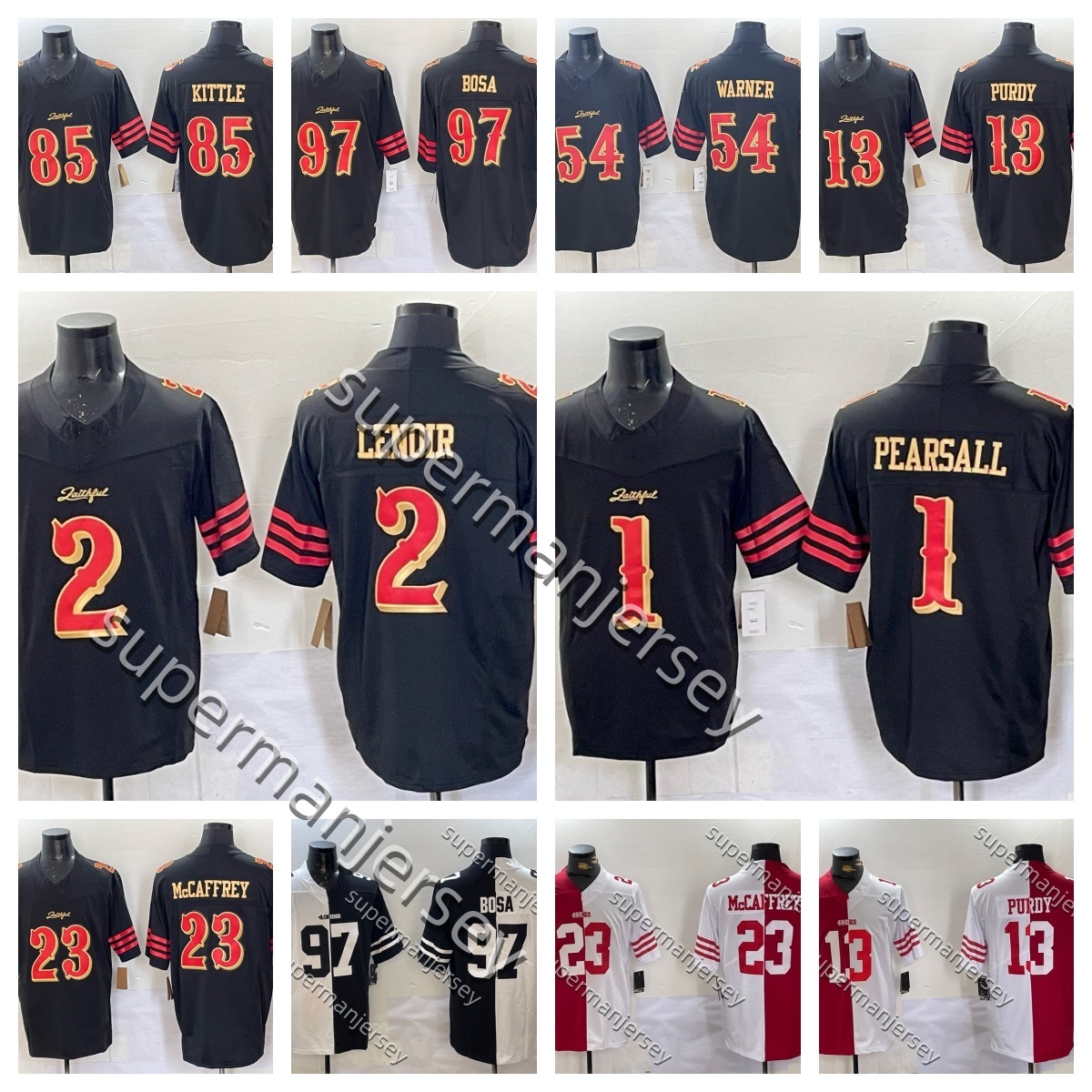 Christian McCaffrey 23 Brock Purdy 13 George Kittle 85 Nick Bosa Fred Warner football jersey Stitched Men Women Ricky Pearsall Deommodore Lenoir