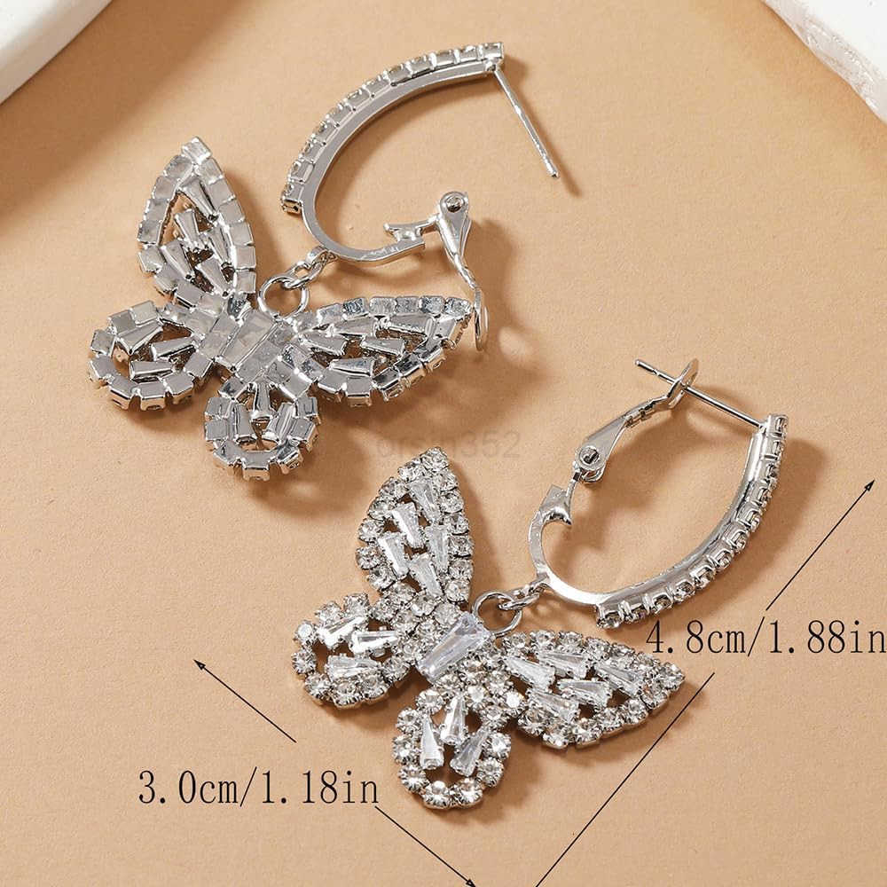 Butterfly Dangling Earrings Crystal Rhinestone CZ Drop Earrings For Women 14K GoldWhite Gold Plated Earrings Hypoallergenic Nickel Free Cute Charms Da