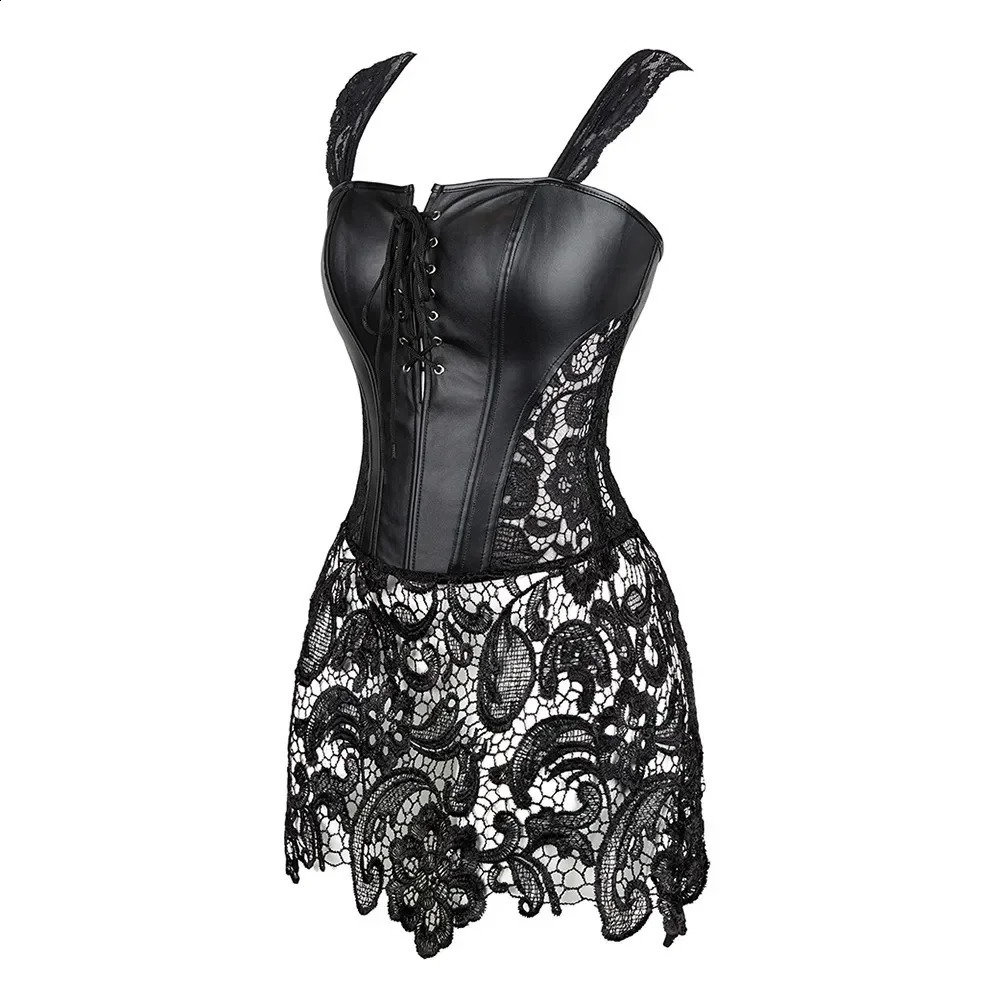 Steampunk Corset Dress Women Gothic Sexy Faux Leather Zipper Bustier Lace Skirt Black Red Corselet Clubwear 250911