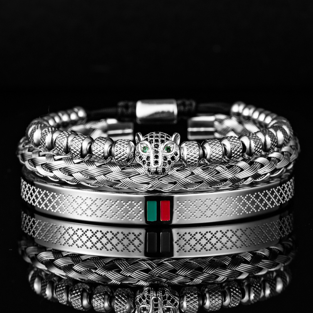 Micro-inlaid Leopard Head Bracelet Set Stainless Steel Green Red And Green Striped Bracelet Designer Jewelry for Men