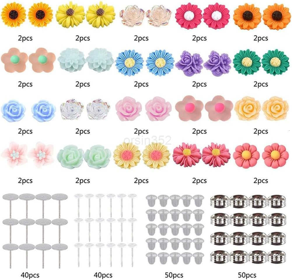 1 Box DIY 20 Pairs Mixed Resin Flower Flatback Cabochon Studs Earring Kit Resin Rose Daisy Charms with Stainless Steel Post for Jewelry Making Arts Cr