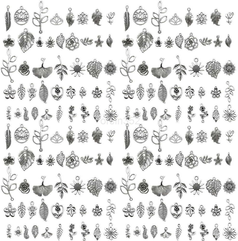 80pcs Alloy Silver Plant Leaf Small Flower Set Series Pendant Jewelry Making DIY Keychain Earrings Pendant Various Design Charms for Jewelry Making Br