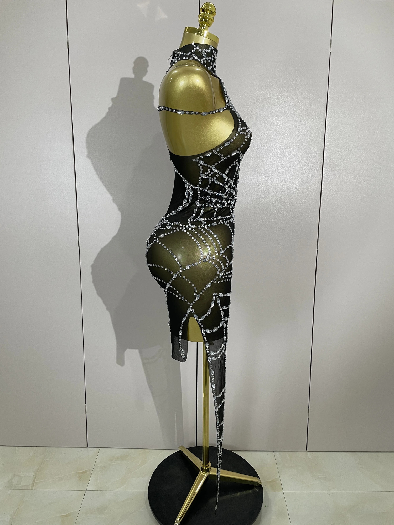 STOCK Sparkly Diamond Sexy Mesh Asymmetric Bodycon Mini Dress Women Nightclub Bar Party Show Gogo Dancer Clothing Stage Costume250906