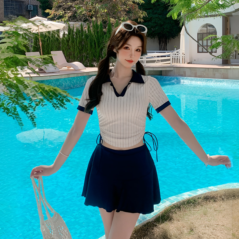 2025 New Women's Two-Piece Slimming Covering Student College Style Skirt Short Sleeve Cute Swimsuit Set