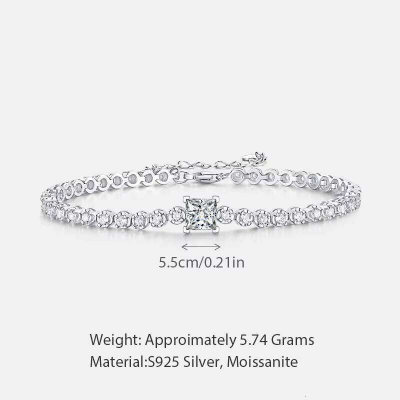 Sterling Gold Plated Chain 1ct Baguette Square Dia Moissanite Sier Link Classic Bracelet