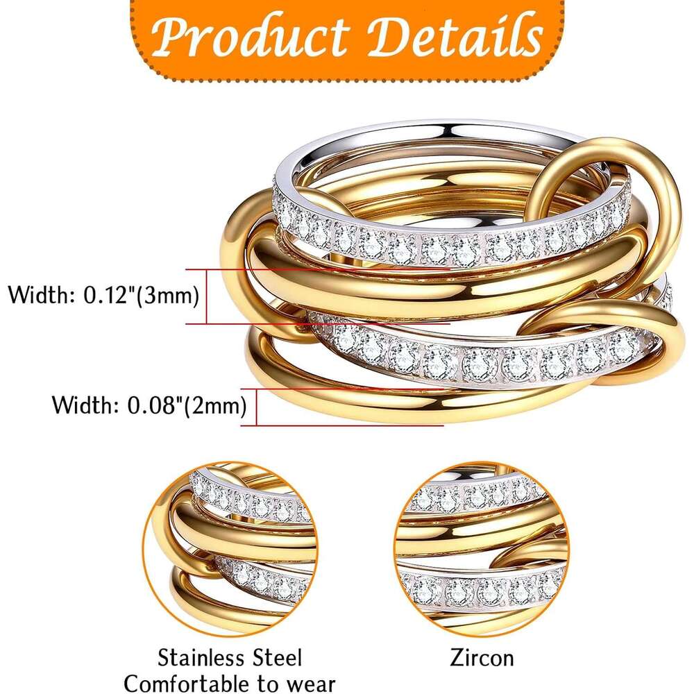 14K Gold Plated Stackable Rings for Women: Interlocking Multi-Ring Set with Cubic Zirconia - Stainless Steel Eternity Bands