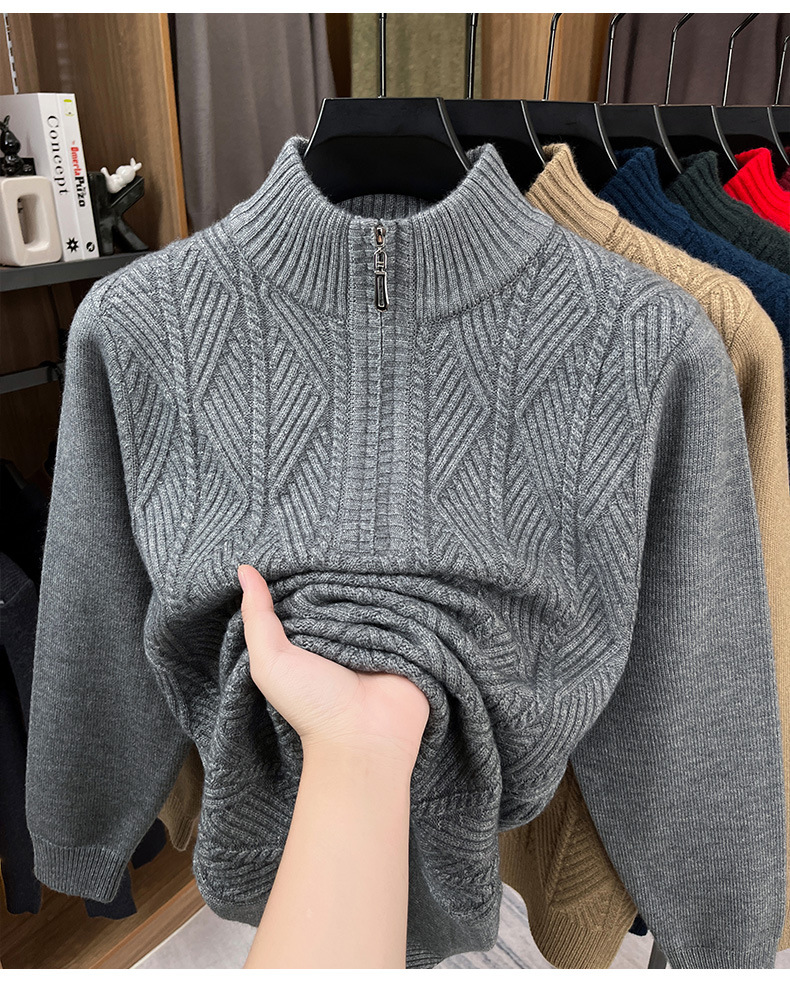 Men's Mid-Age & Young Adult Half-Zip Sweater - Winter Thickened, Warm, Business-Casual Pullover Base Layer Knitwear
