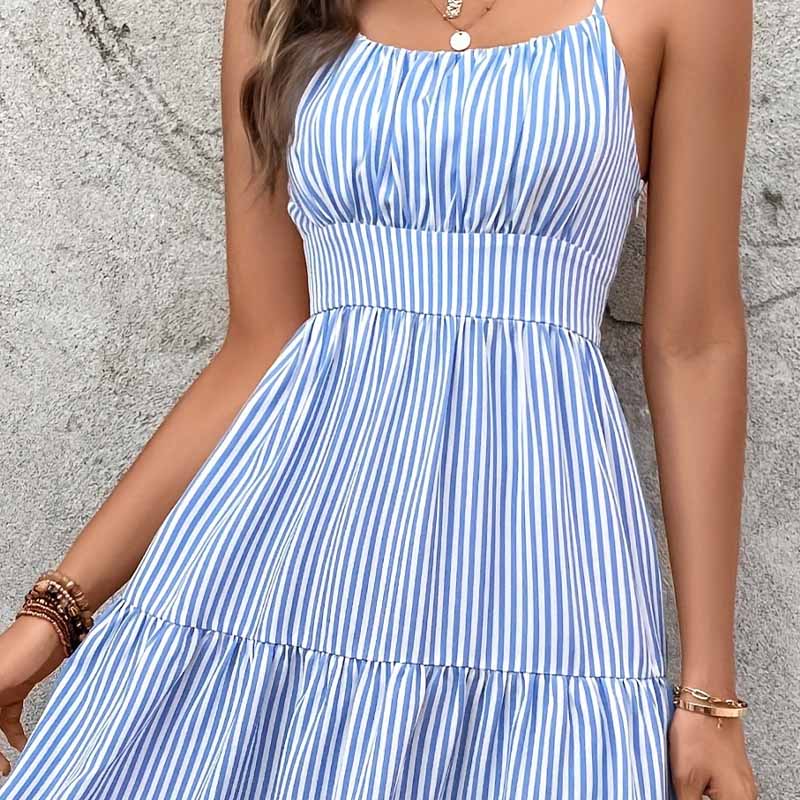 Square Collar Strapback Maxi Dress with Stripe Design & Flattering Waistline Cut