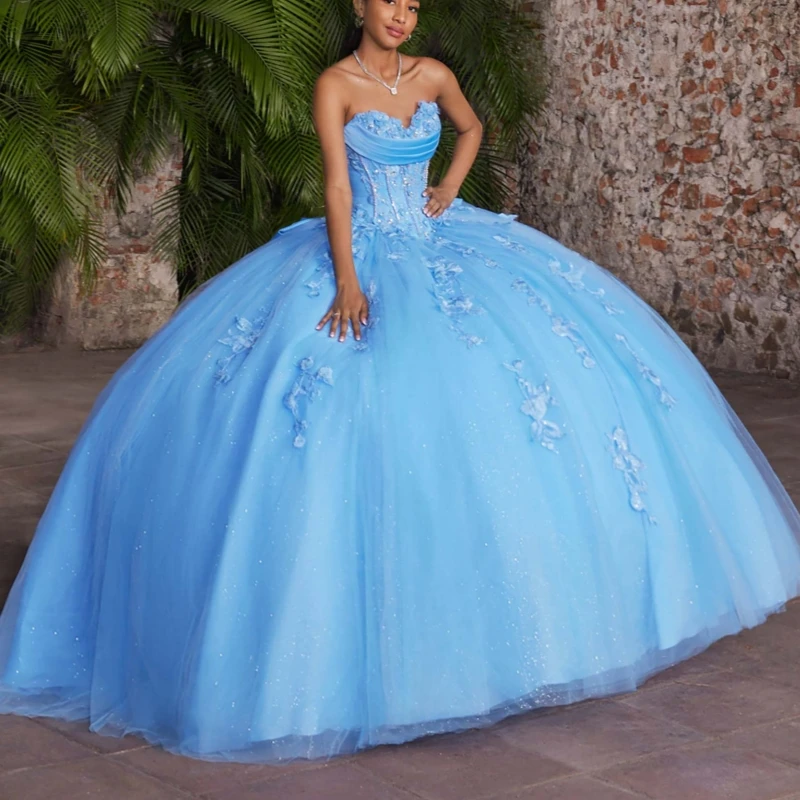 Sky Blue Shiny Quinceanera Dresses Ball Gown Off The Shoulder Applique Lace Beading Crystal Bow Tull Sweet 16 Dress Vestidos 15 Anos
