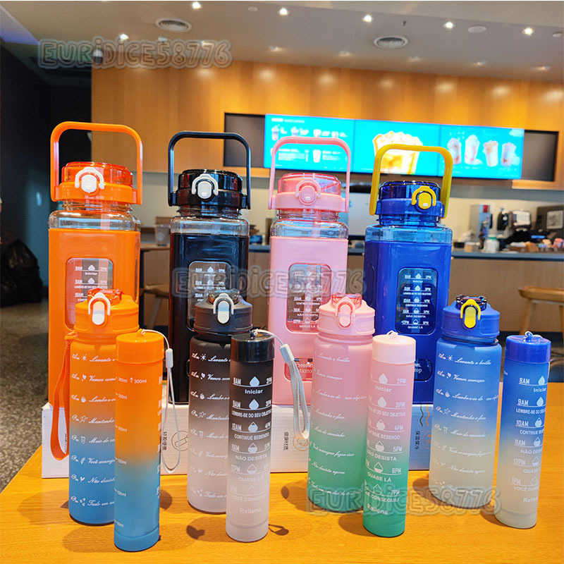 Large Capacity Gradient Color Plastic Cup Threepiece Set Water Cup Portable Outdoor Sports Water Bottle Set Square Water Cup H250911