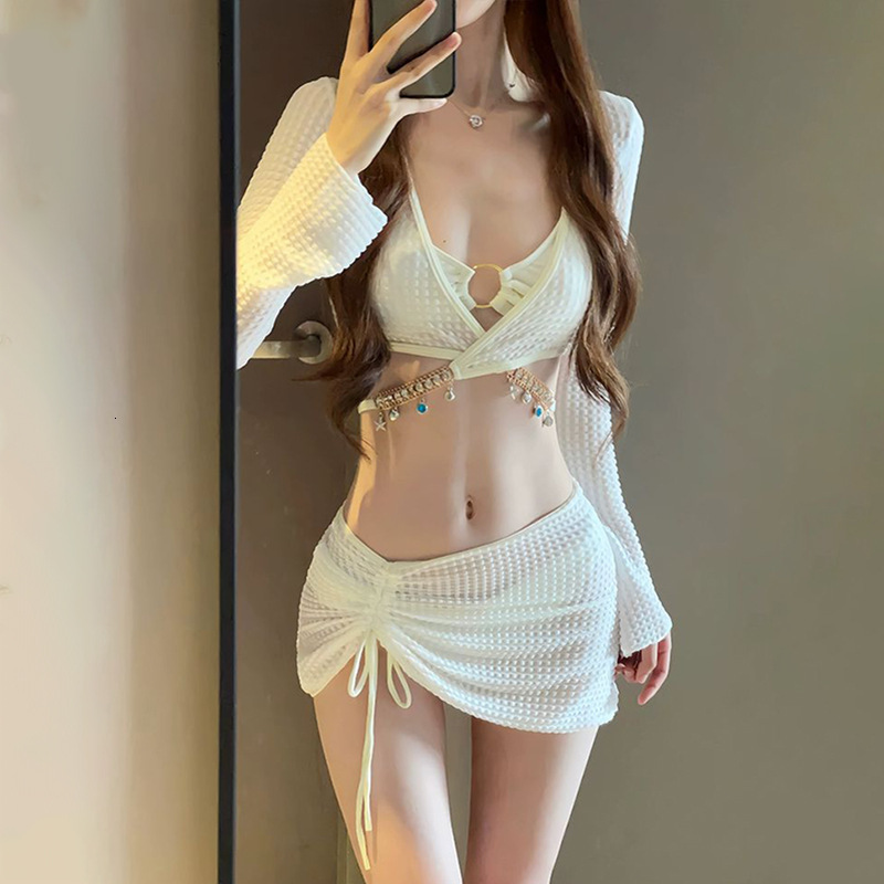 2025 New Swimsuit Bikini Women Four-piece separates fashion Skirt Hollow Conservative Seaside Hot Spring