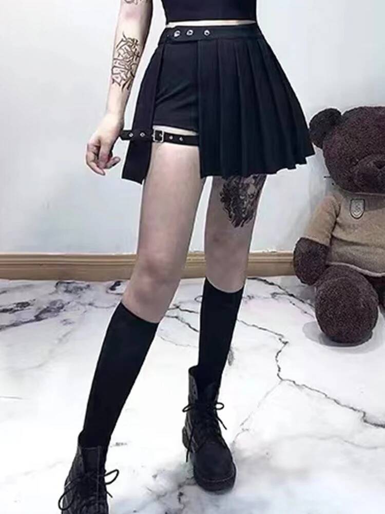 AltGoth Punk Mall Goth Shorts Skirt Women Y2k E-girl Streetwear Haruku Leg Ring Buckle Detachable High Waist Emo Alt Clubwear dongdumaoyi