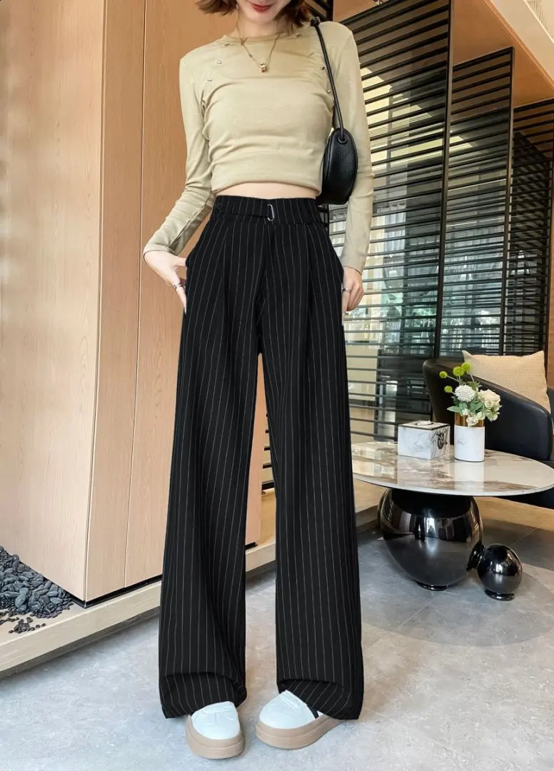 Botvotee Womens y Stripe Wide Leg Pants High Waist Flowy Dress Trousers Elegant Office Fall Winter Fashion 250917