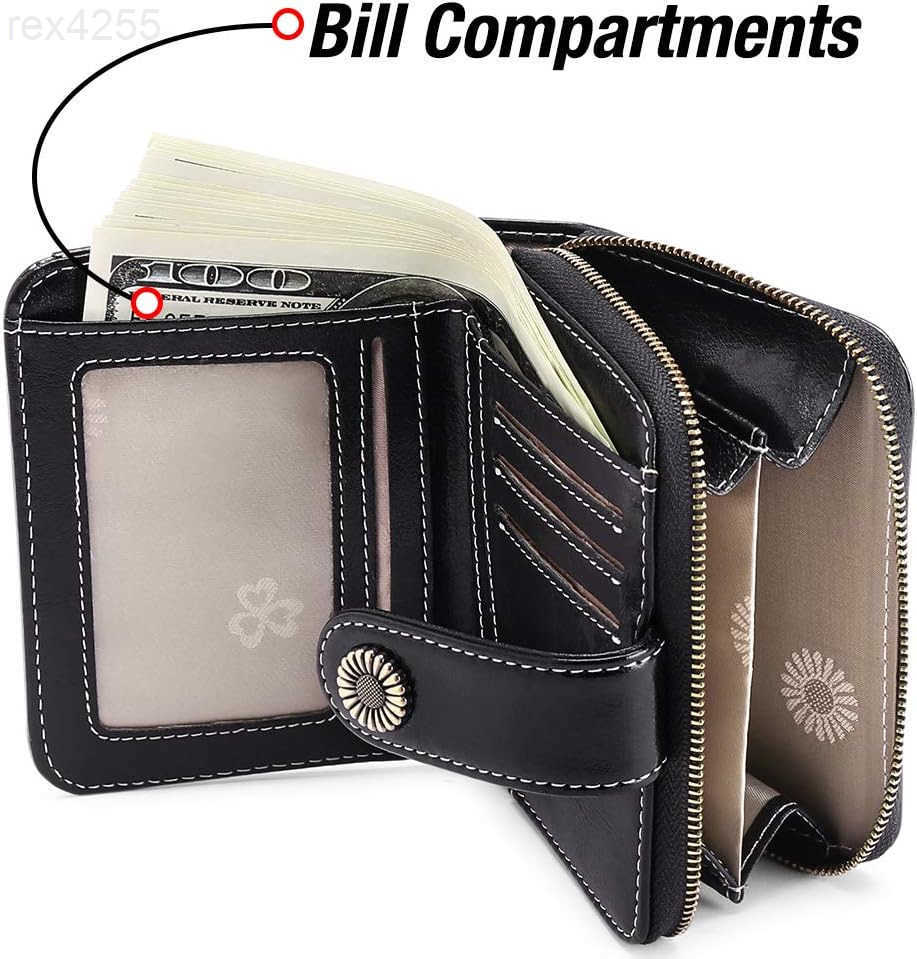 Wallet for Women Leather Small RFID Blocking Bifold Zipper Pocket Card Holder with ID Window BlackW250911