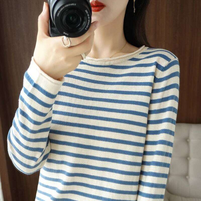 Women 100% Cotton Curled O-Neck Strip Pullover Autumn Winter Casual Knit Clothing Fashion Soft Bottoming Sweater Tops