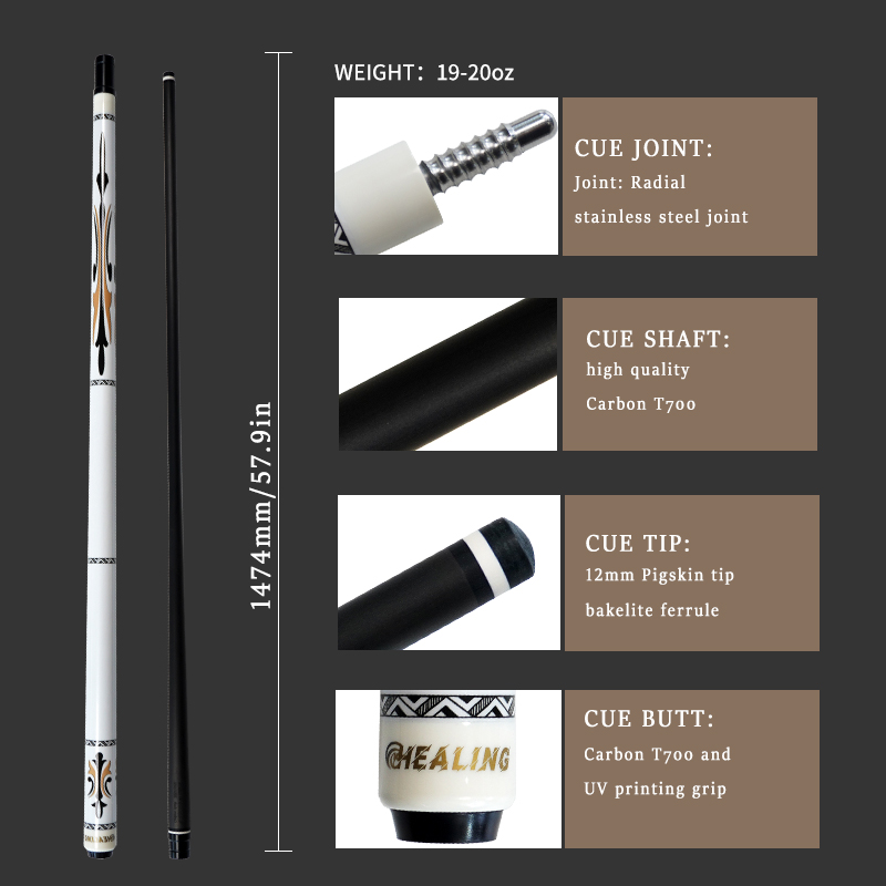 OKHEALING 1/2 Split Pool Cue Carbon Fiber Billiard Cue Stick 12mm Tip Radial Pin / 8 Teeth Joint Total Length 1474mm/58inch Weight 19Oz Billiard Stick