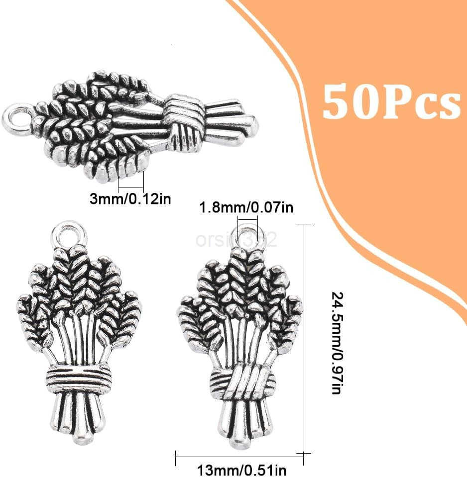 1 Box 50Pcs Thanksgiving Wheat Charm Fall Harvest Autumn Charms Bulk Tibetan Style Antique Silver Spike Flower Wheat Ears Pendants for Jewelry Making 