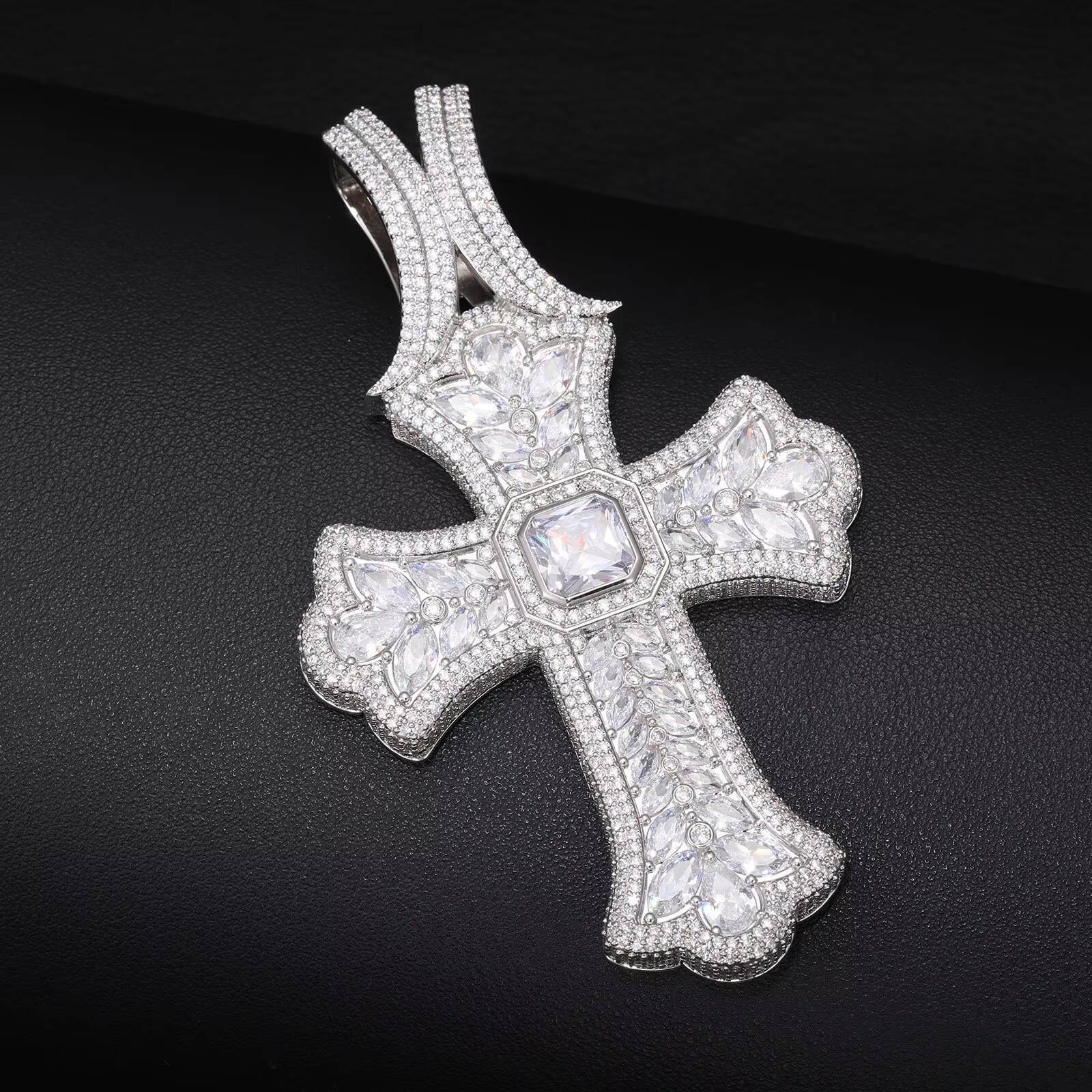 Hip Hop Style Big Cross Pendant Necklace for Men Zircon Stone Paved Silver Plated Classic Link Chain Rapper Jewelry Gift