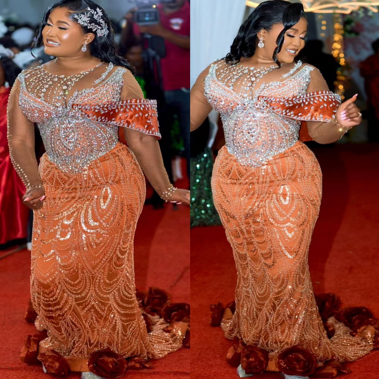 Burnt Orange Mermaid Prom Dresses 2025 Flowers Crystals Beaded Lace Evening Formal Party Second Birthday Engagement Gowns Plus Size Dress For Special 