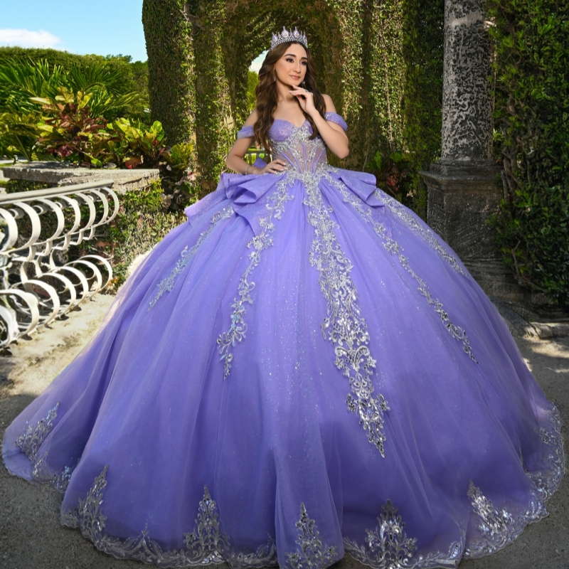 Lavender Shiny Ball Gown Quinceanera Dresses Off The Shoulder Applique Lace Beads Bow Tull Party Birthday Sweet 16 Dress Vestidos 15 De Anos