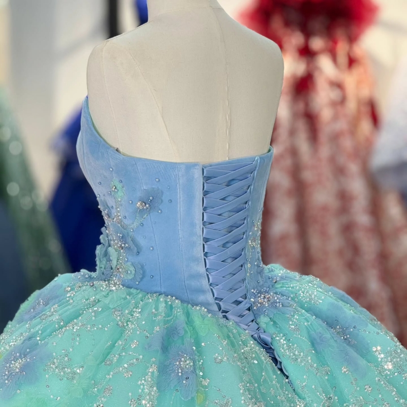 Green Shiny Ball Gown Quinceanera Dresses Off The Shoulder Sequin Applique Lace Beading Crystal Tull Party Birthday Sweet 16 Dress Vestidos 15 De Anos