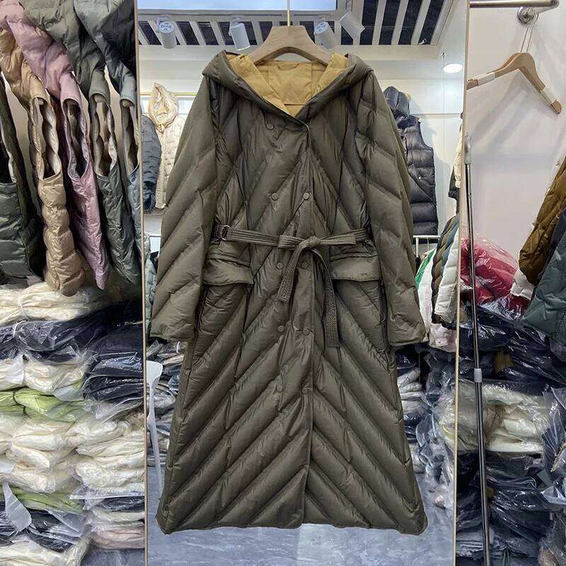 Lagabogy 2025 Winter Coat Women Long Windproof Hooded Warm 90%White Duck Down Jacket Female Double-Breasted Slim Parka With Belt