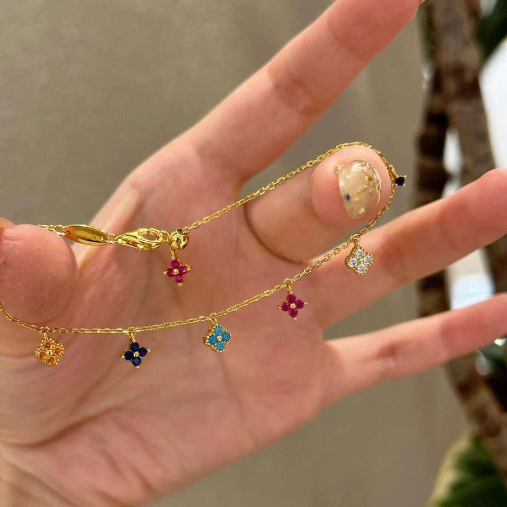 Dopamine Colorful Lucky Four-Leaf Flower for Women Vintage Forest Style Versatile Bracelet Niche Design Hand Jewelry