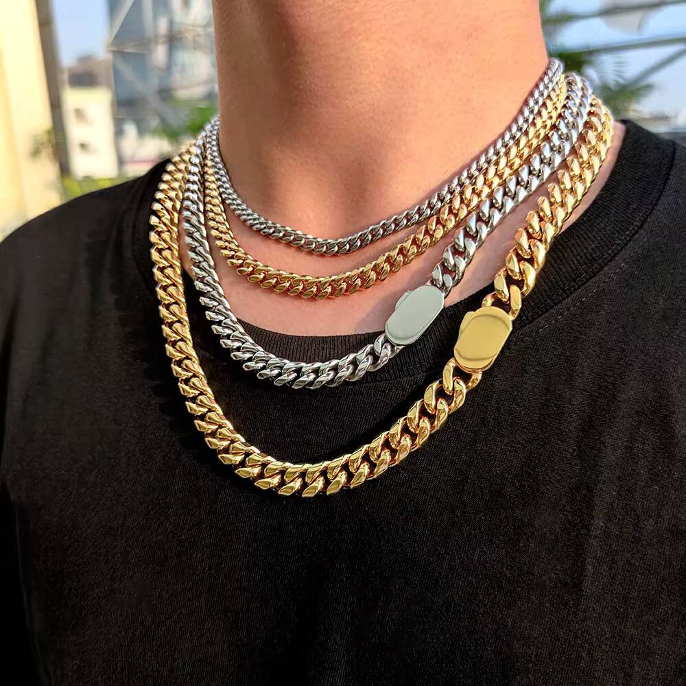 NUOYA Custom 12MM Cuban Link Necklace for Men Stainless Steel 18K Gold Hip Hop Chain Fine Jewelry