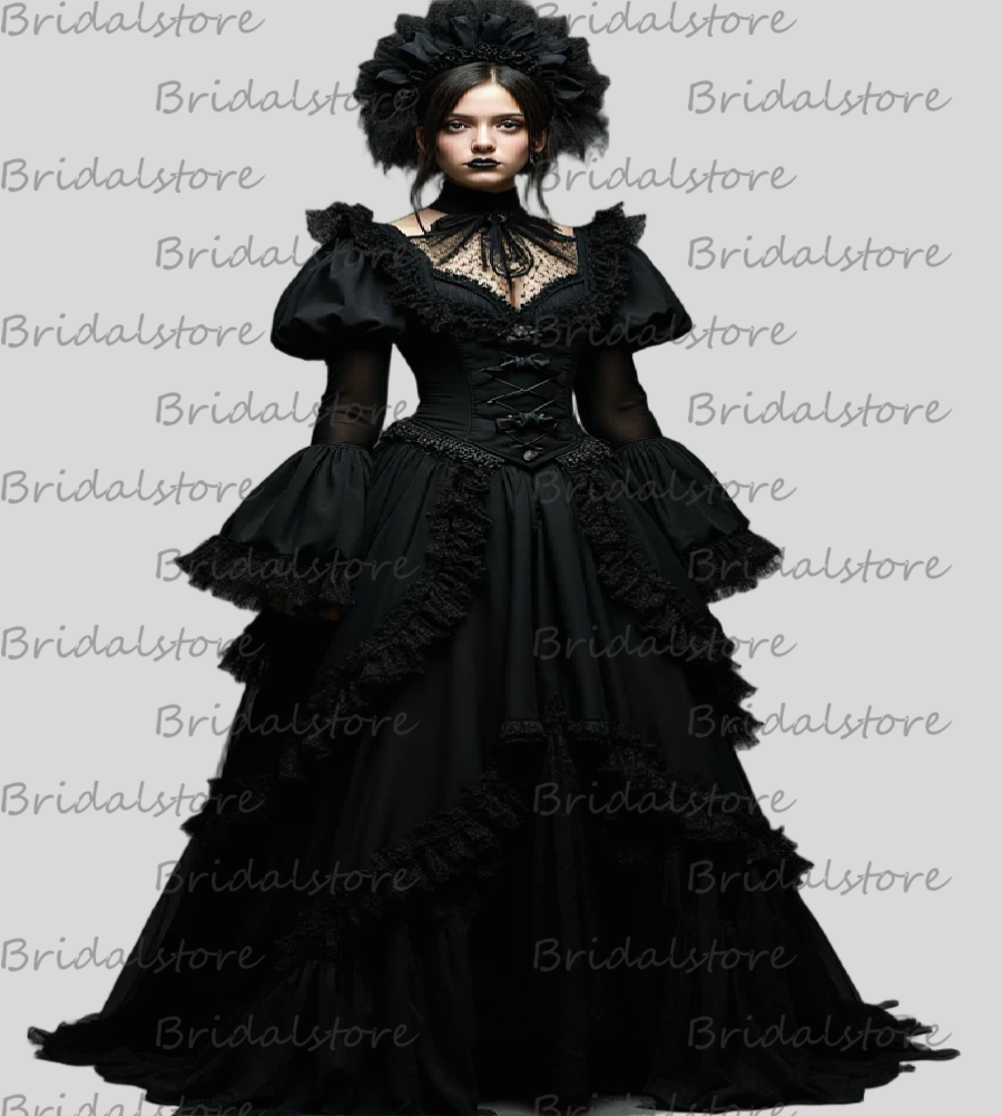 Medieval Renaissance Gothic Black Evening Dress 2025 Belle Sleeve Lace Costume Prom Dresses Victorian Halloween Party Dress Antique Duchess style Dres