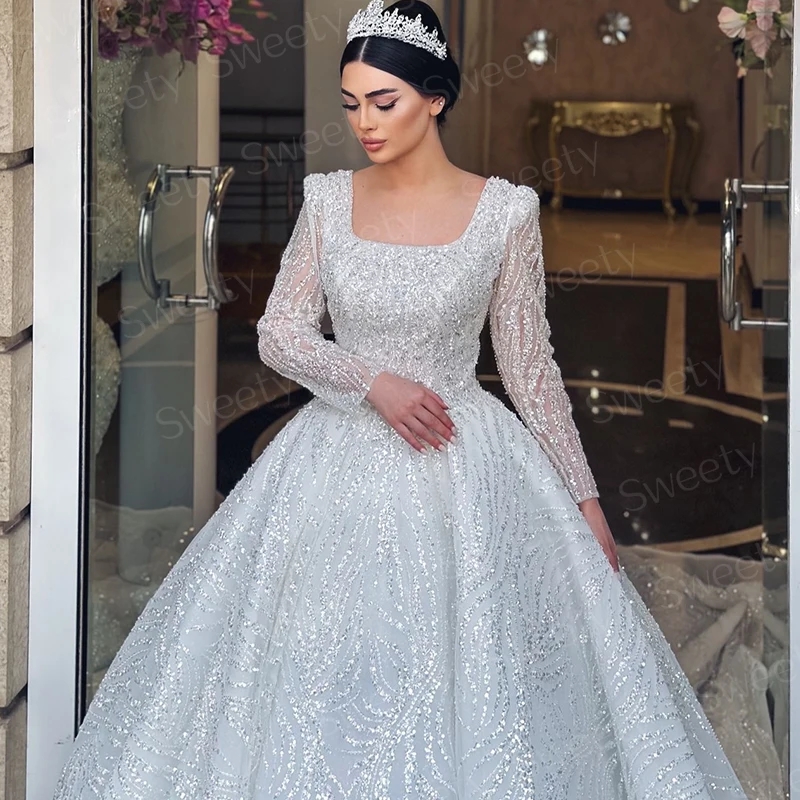 2026 Exquisite Wedding Dress With Embroidery Bead Princess Ball Gown Full Sleeve Square Collar Lace Up Sequins Bridal Gowns Vestido De Noiva