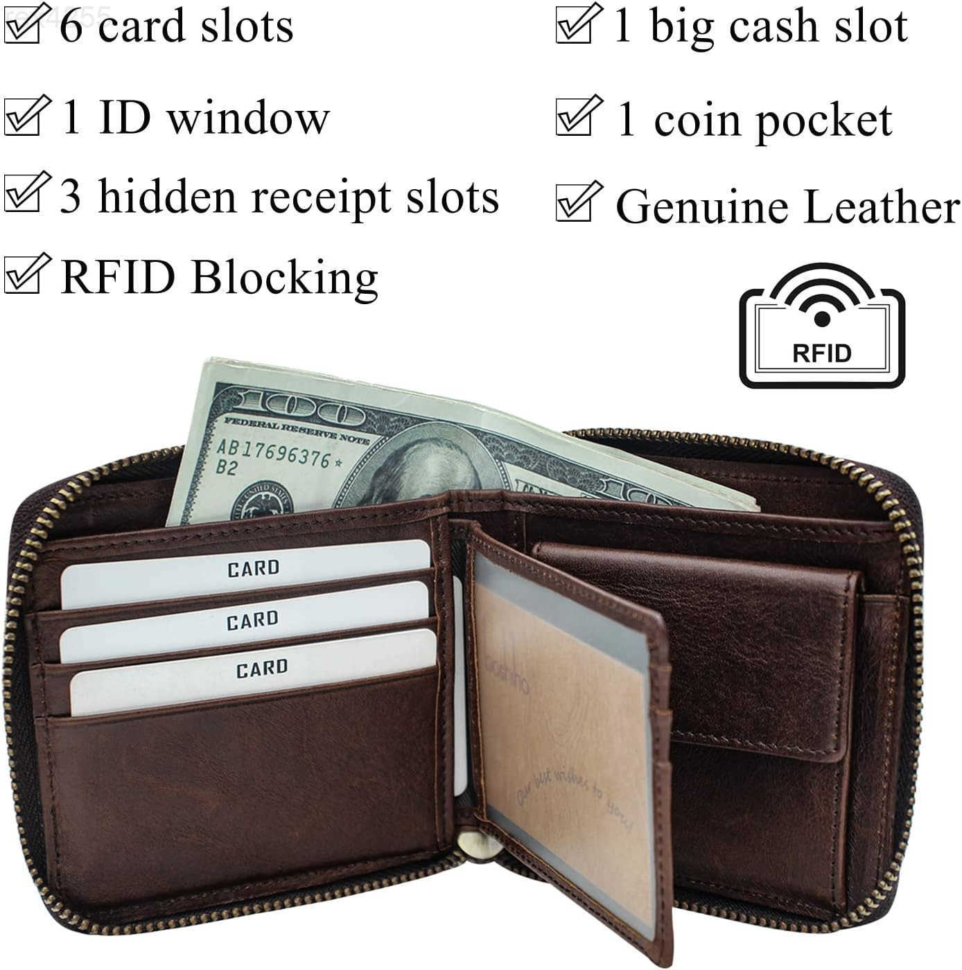Real Leather RFID Blocking Bifold Wallets for Men Double Zipper Coin Pocket Purse with AntiTheft ChainW250911