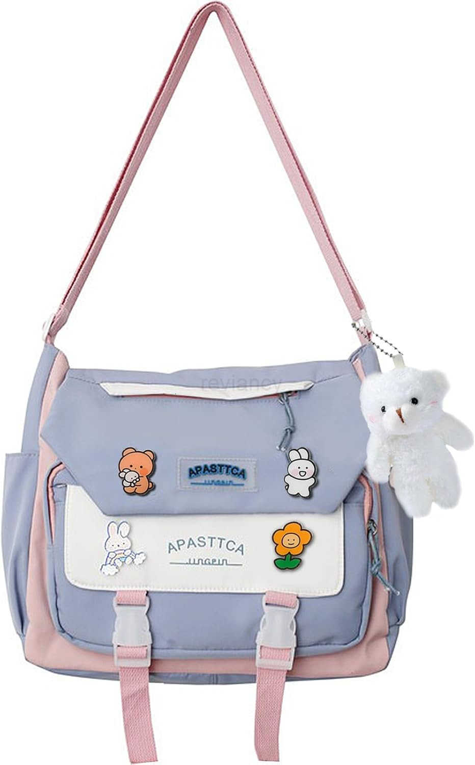 Messenger Bag for Teen Girls Women Kawaii Crossbody Shoulder Purse with Pins and Stuffed Pendant GiftW250911