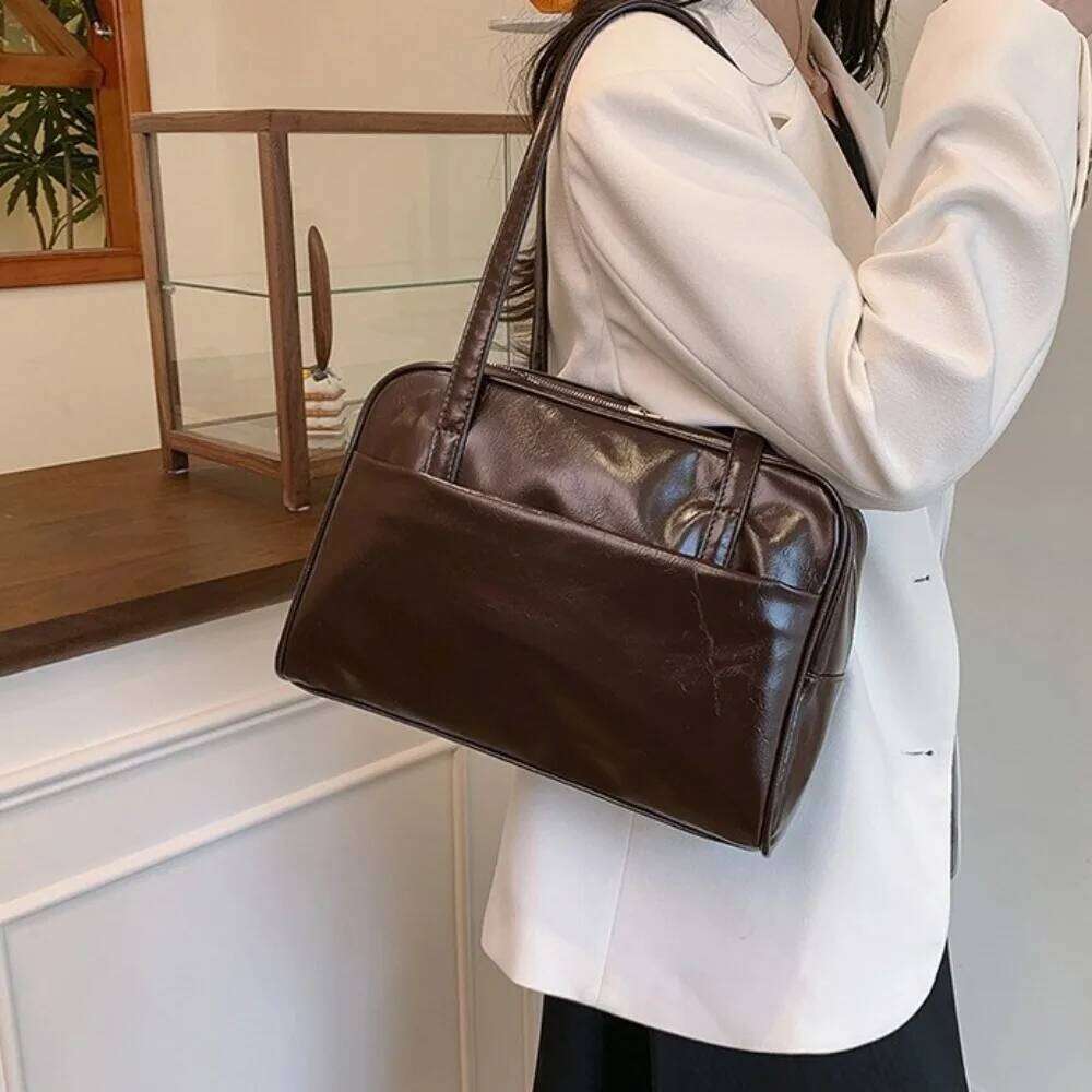 Korean Style Boston Shoulder Large Capacity Solid Color Pu Leather Tote Square Underarm Bag Women's Handbag Girls