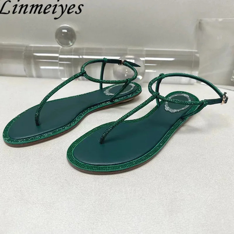 Summer Sandals Women Flip Flops Rhinestone Party Shoes Female Peep Toe Narrow Band Crystal Flat Woman Sandalias Mujer 250911