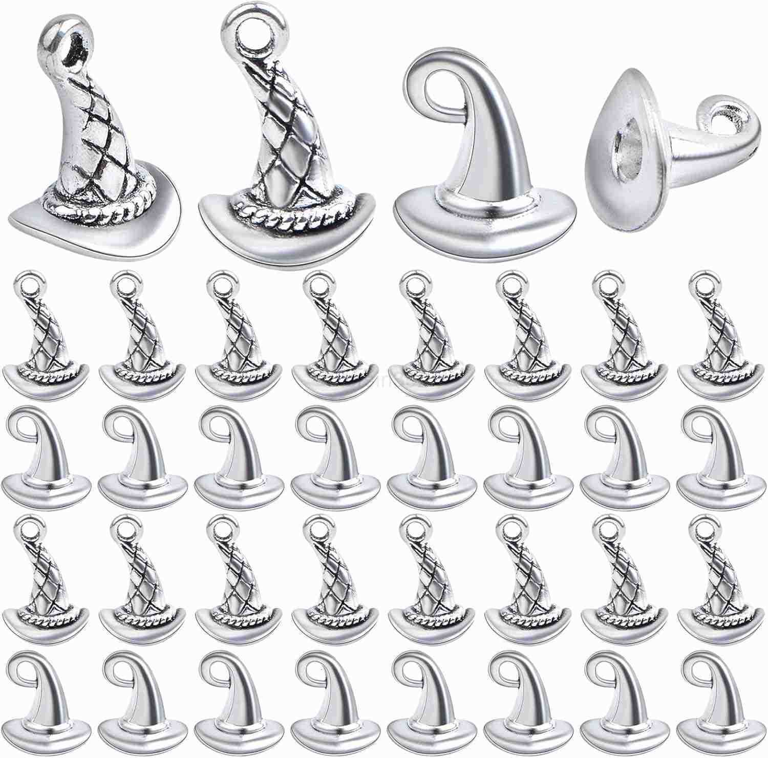 60pcs Antique Silver Witch Hat Pendant Charms Alloy Halloween Hat Wizard Cap Dangle Pendants Jewelry Making Findings for DIY Necklace Earrings Crafts 