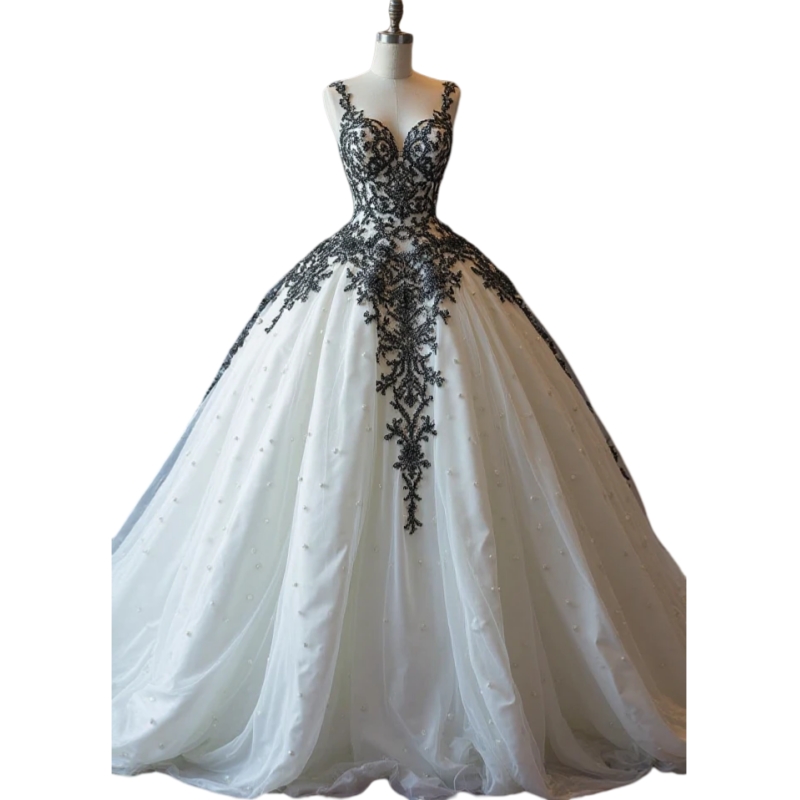 Classic Black And White Wedding Dresses Lace Appliques Pearls Beading A-Line Long Bridal Gowns Spaghetti Straps Vintage Gothic Bride Dress