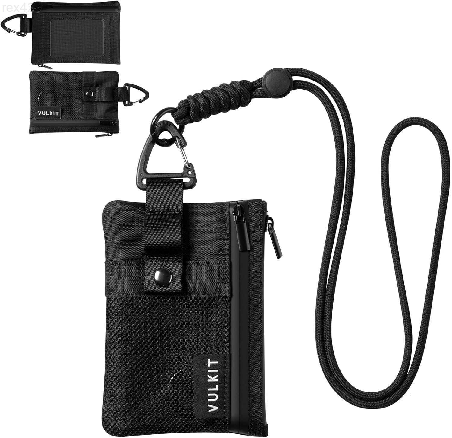 Small RFID Wallet for Women Men Minimalist Zipper Wallet with ID Window Keychain Carabiner Holds 15 Cards Water Resistant Travel Lanyard Wallet BlackW