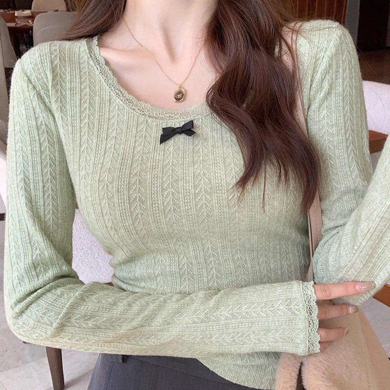 Bow Cute Knitted Pullover Sweater For Women Autumn Winter Fashion Lace Patchwork O Neck Long Sleeve Slim Cropped Tops 250911