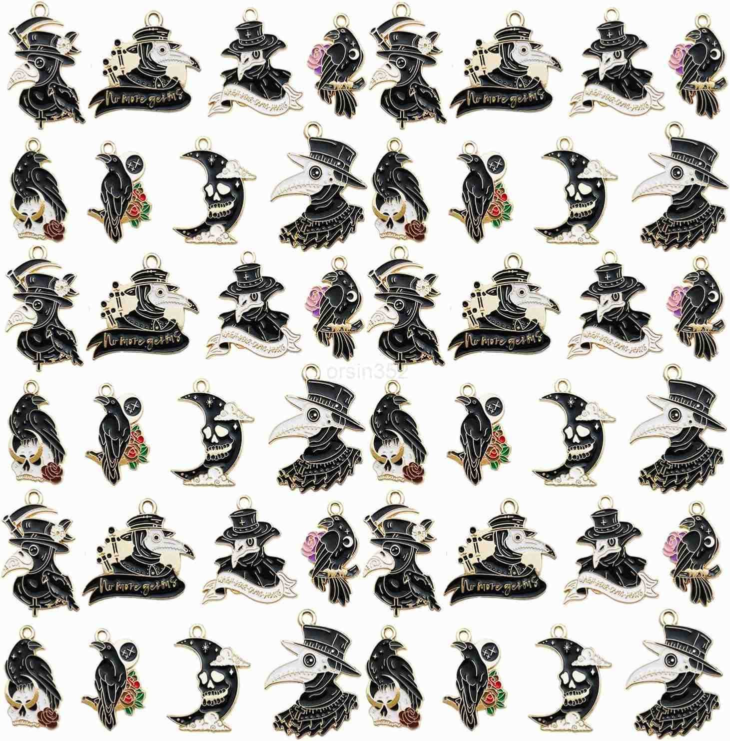 24Pcs Alloy Drip Oil Halloween Crow Series Pendant Jewelry Making DIY Keychain Earrings Pendant Various Design Charms for Jewelry Making s NecklaW2509
