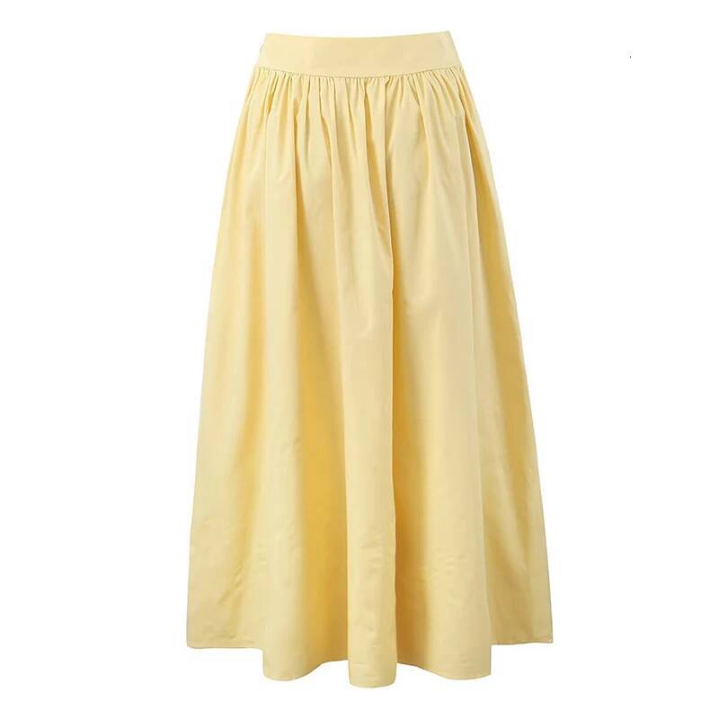 YENKYE 2025 Women Yellow White Cotton Big Swing Long Skirt Vintage High Waist Side Zipper A-line Summer Skirts Holiday dongdumaoyi