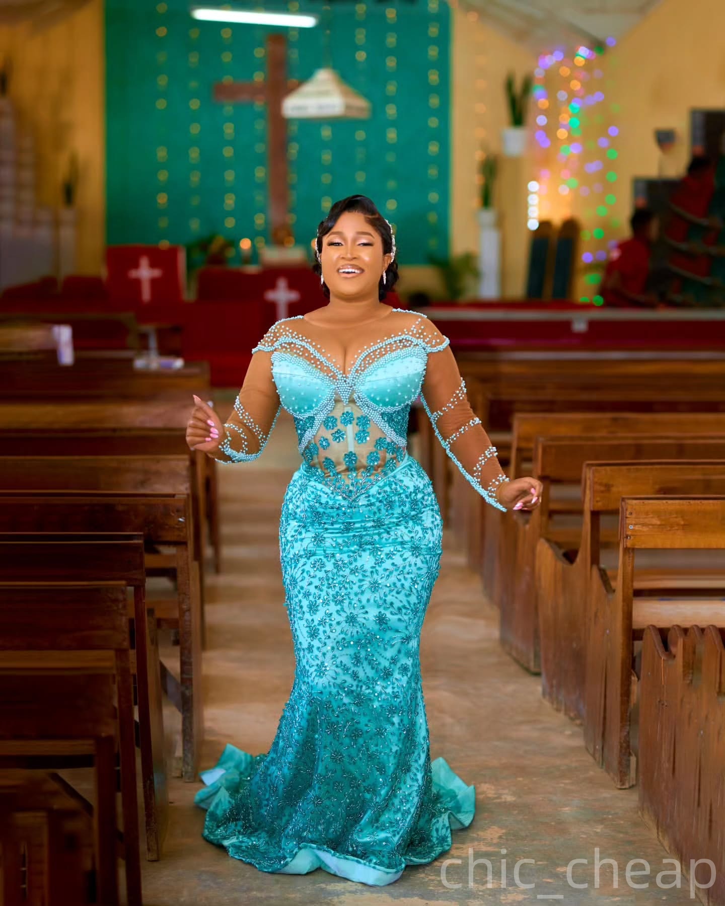 Sky Blue Mermaid Prom Dresses 2025 Pearls Beaded Sequined Sheer Neck Evening Formal Party Second Birthday Engagement Gowns Plus Size Dress For Special