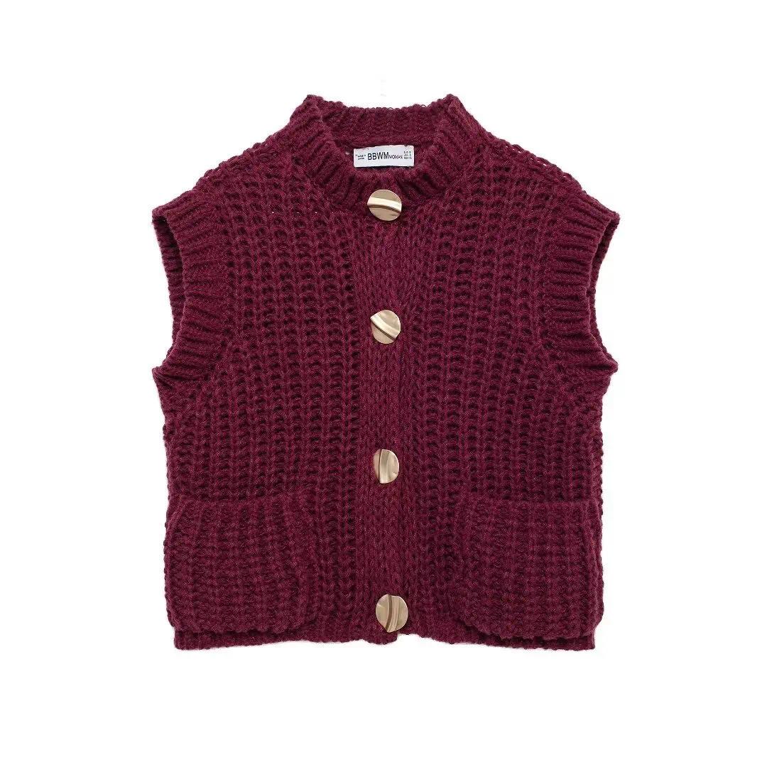 Casual Brown Knit Vest Women Vintage O Neck Single Breasted Pocket Sweater Vests 2025 Autumn Winter Solid Sleeveless Lady Tops