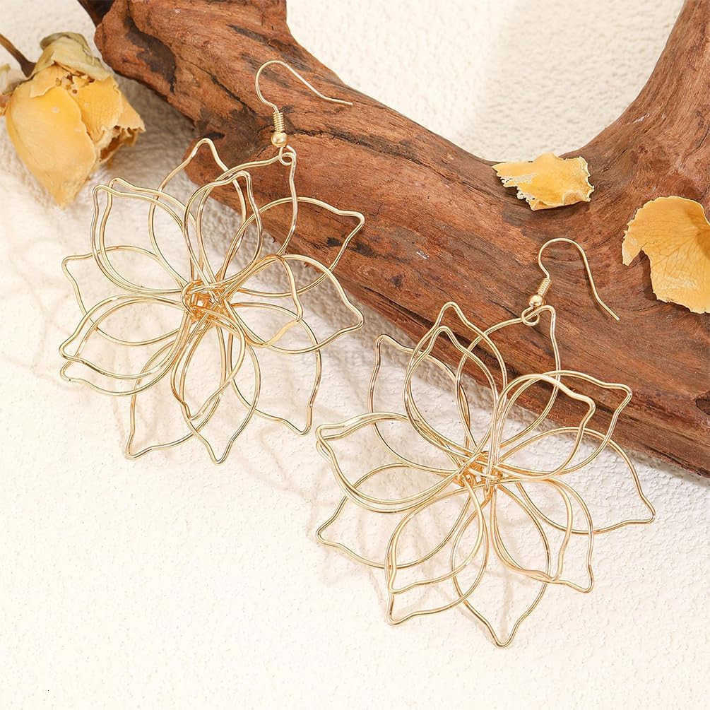 Big Gold Wire Flower Earrings for Women Simple Large Hollow Floral Drop Dangly Earring Charm Silver Trendy Dangling Ear Aesthetic Jewelry GiftsW250911